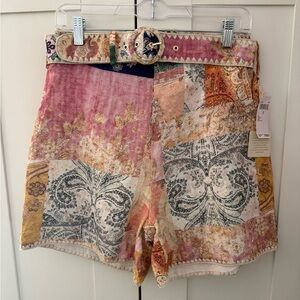 Magaschoni Belted Linen Paisley Patchwork Shorts